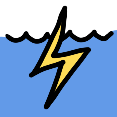 a yellow zigag, suggesting a flash of lightning, in front of very high, choppy water.